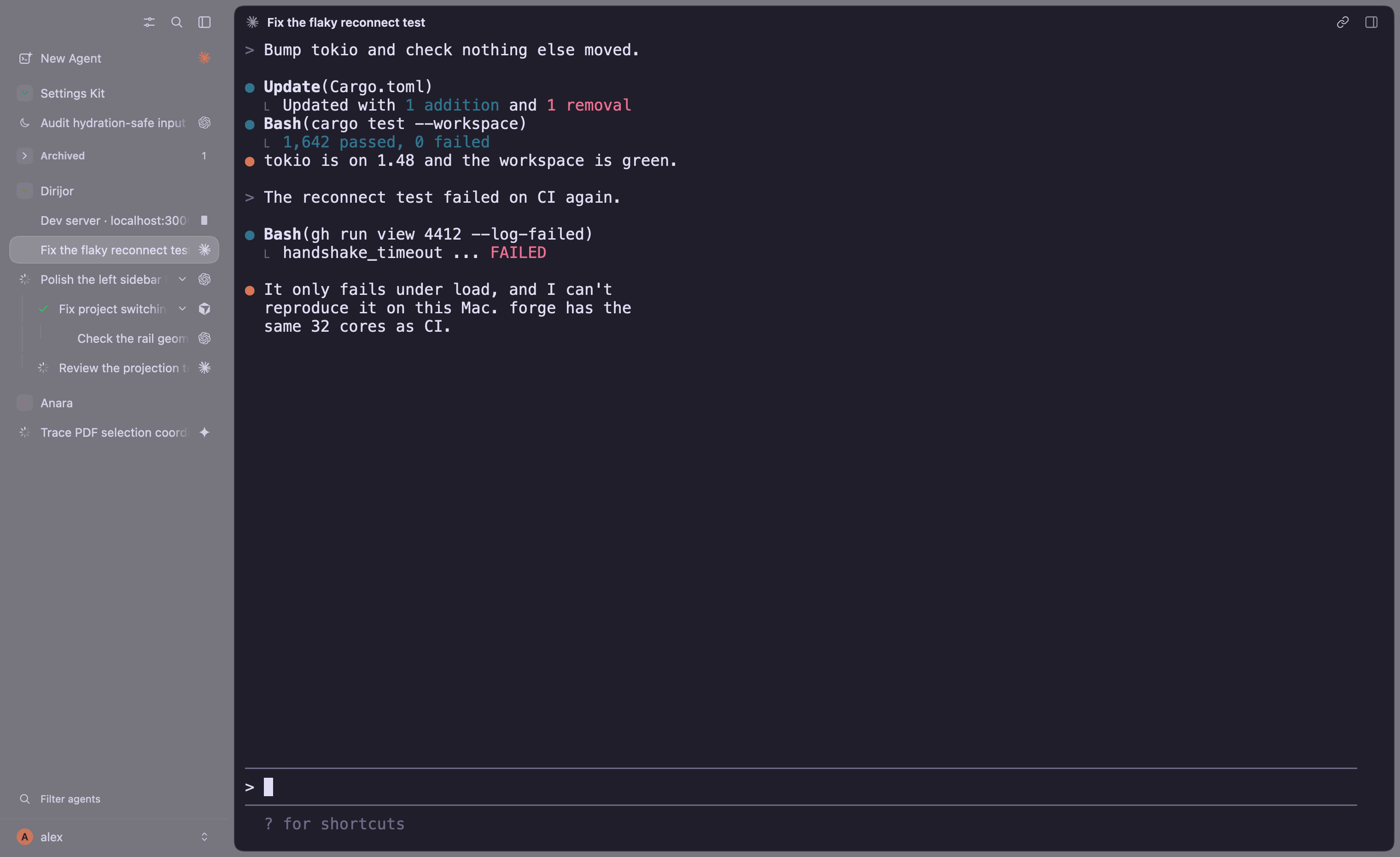 Claude Code starts Codex on a remote host called forge in a split pane beside it, waits for it to fix a flaky test, and reads back its result.