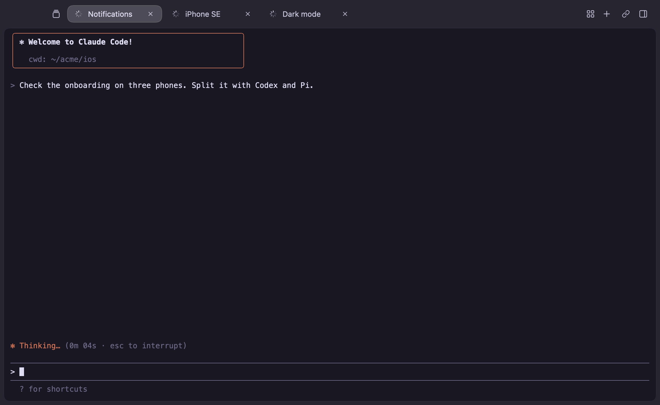 Claude Code splits an onboarding check with Codex and Pi in three tabs. Each opens its own iPhone Simulator: Codex signs in on the SE and finds an overlap, Pi pages through the tour in dark mode, and Claude Code turns on notifications; the overlap is then fixed.
