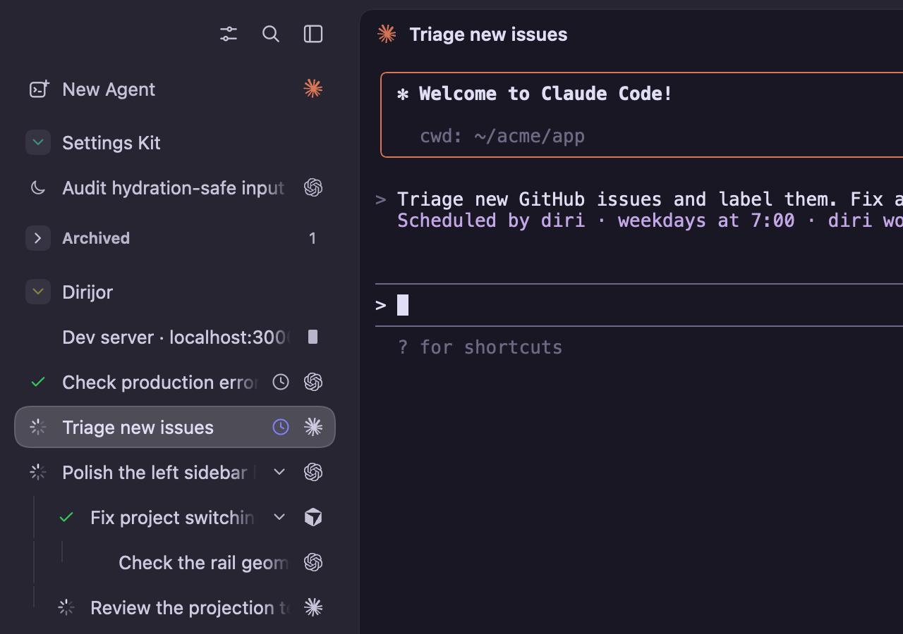 A scheduled Claude Code session, marked with an indigo clock because diri woke the Mac for it, triages new GitHub issues and opens a pull request.