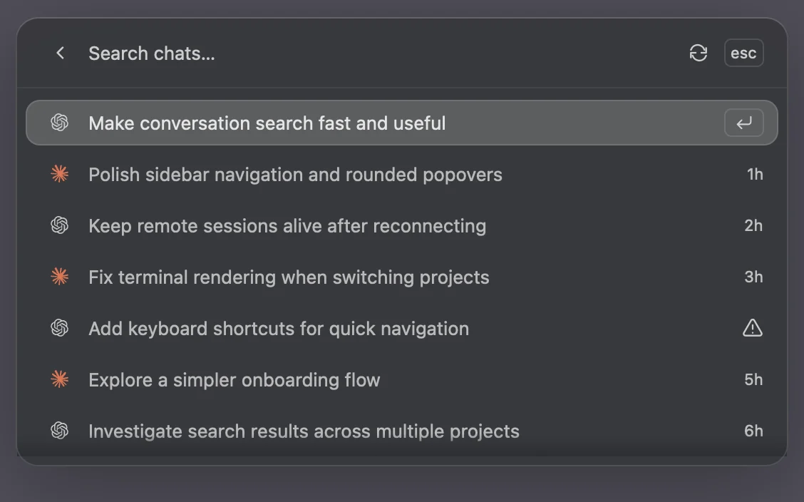 Search chats listing past Claude Code and Codex conversations.
