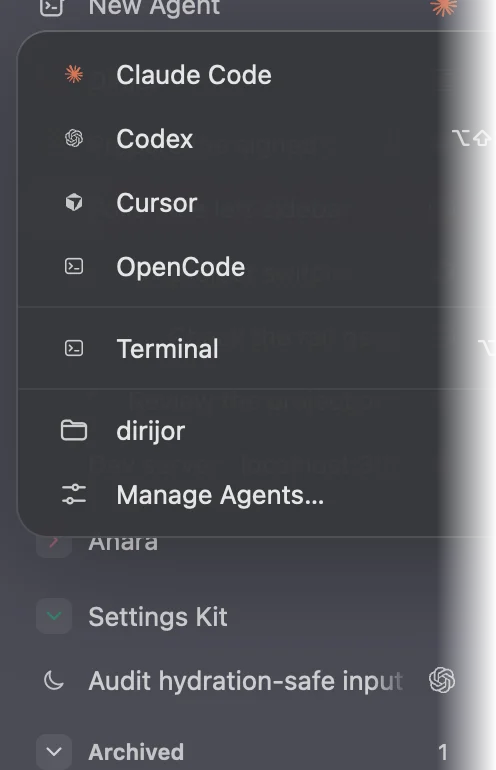 The New Agent menu listing Claude Code, Codex, Cursor, OpenCode and Terminal.