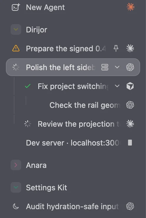 The diri sidebar: a project with sessions, one needing input, one working with two helper agents nested under it.