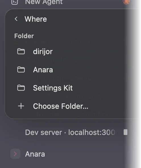 The Where panel listing project folders and Choose Folder.