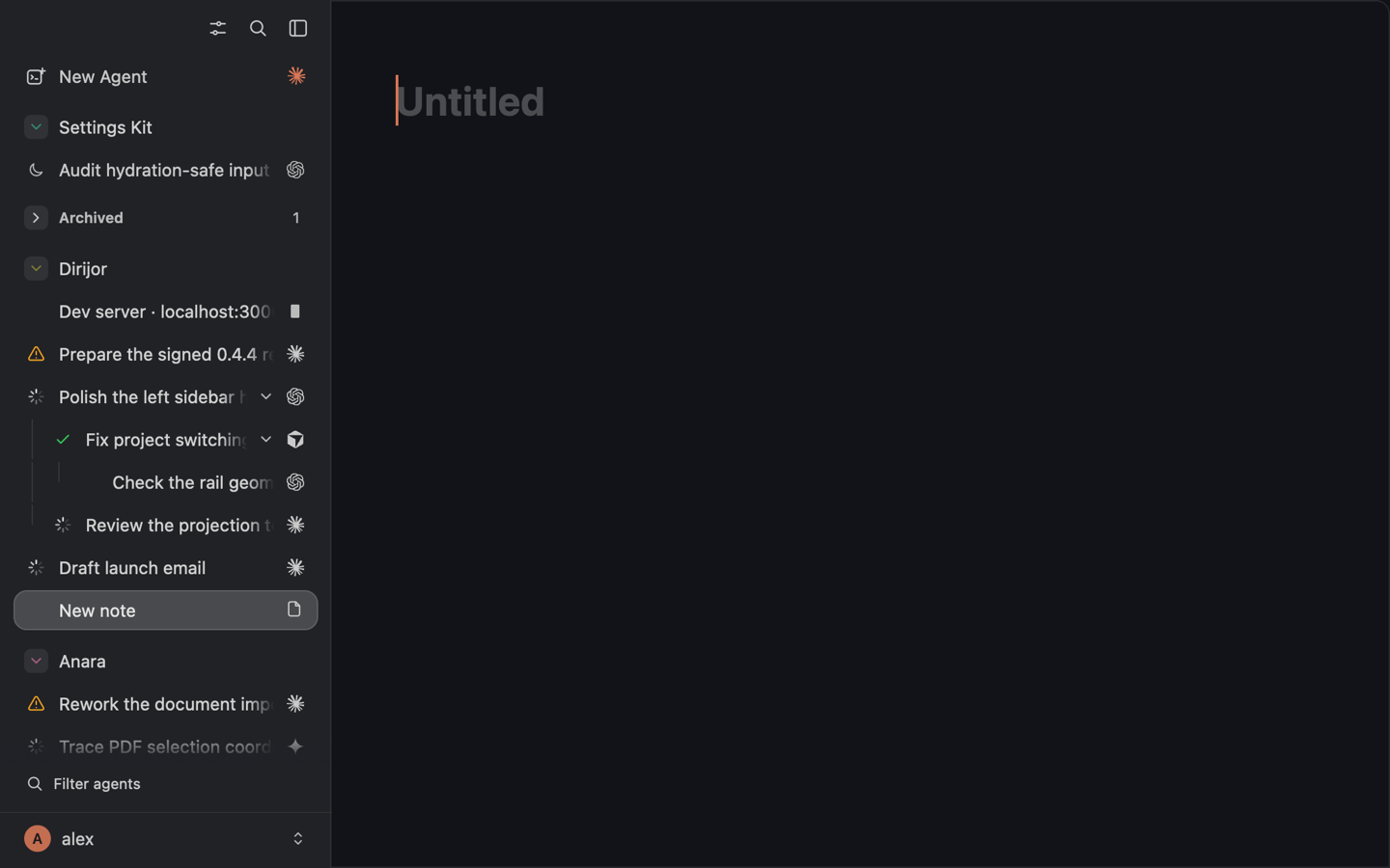 A blank note becomes a launch plan: a title, a to-do from the slash menu, and an @ mention that links a running Claude Code session.