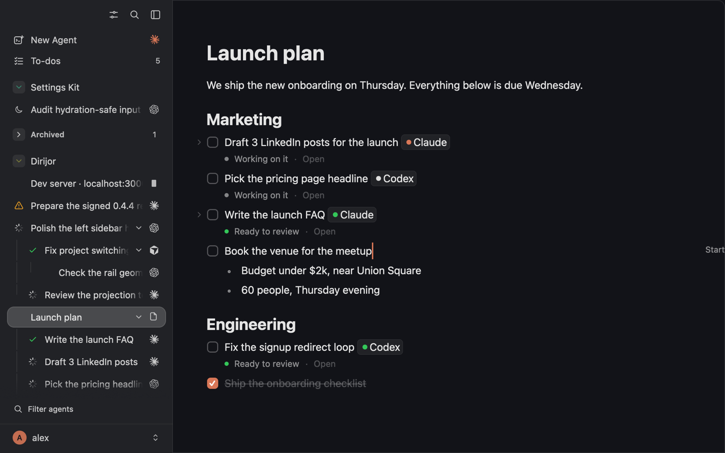 A to-do opens the Start panel, becomes a Claude Code session in the sidebar, asks a question, and finishes ready to review.